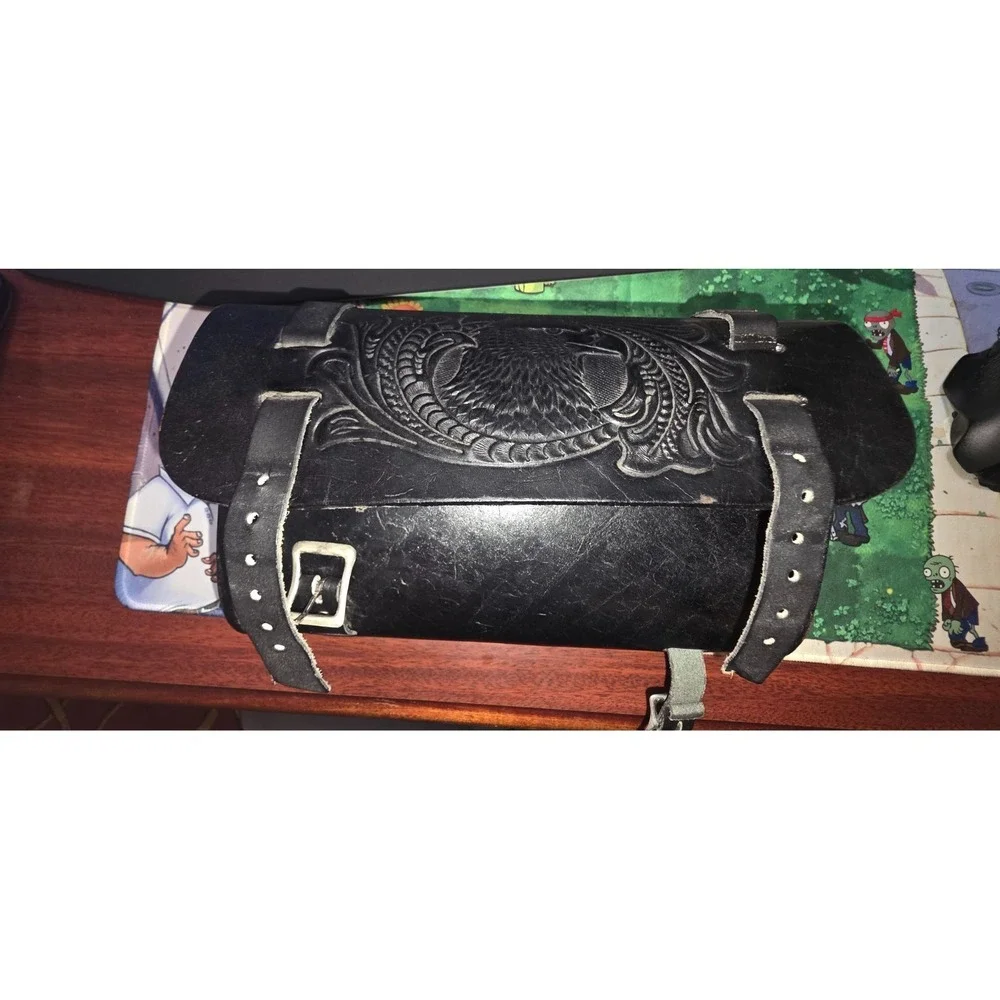 Vintage Leather Motorcycle Tool Bag Eagle Made in USA Black Handlebar Fork Pouch - Picture 2 of 5